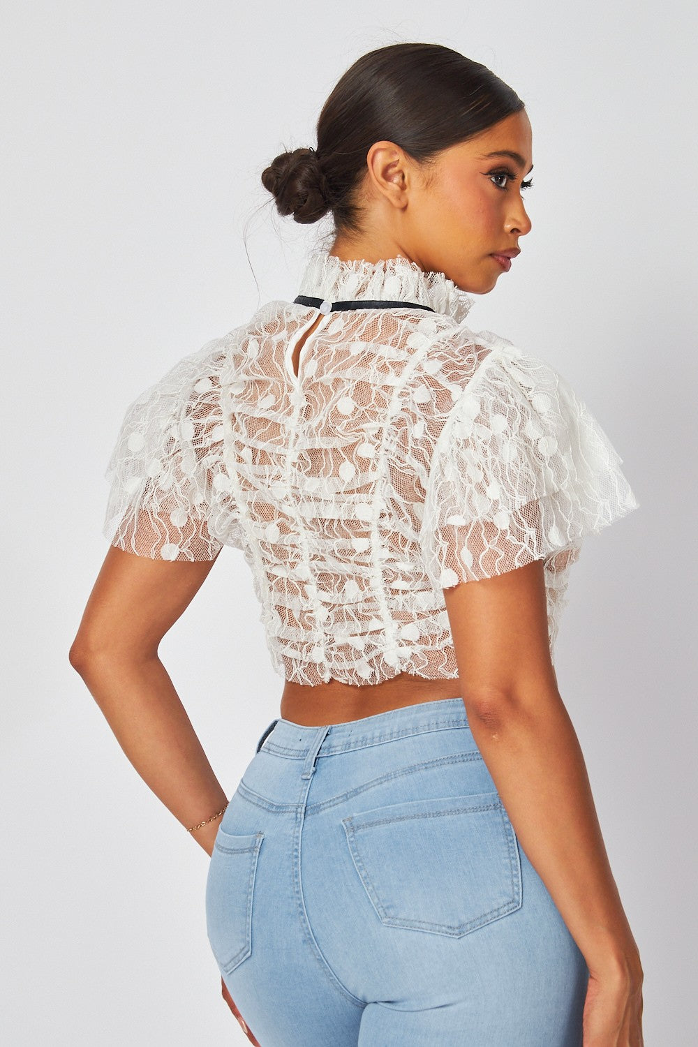 Janelle Lace Rosette Detail Ruched Crop Top