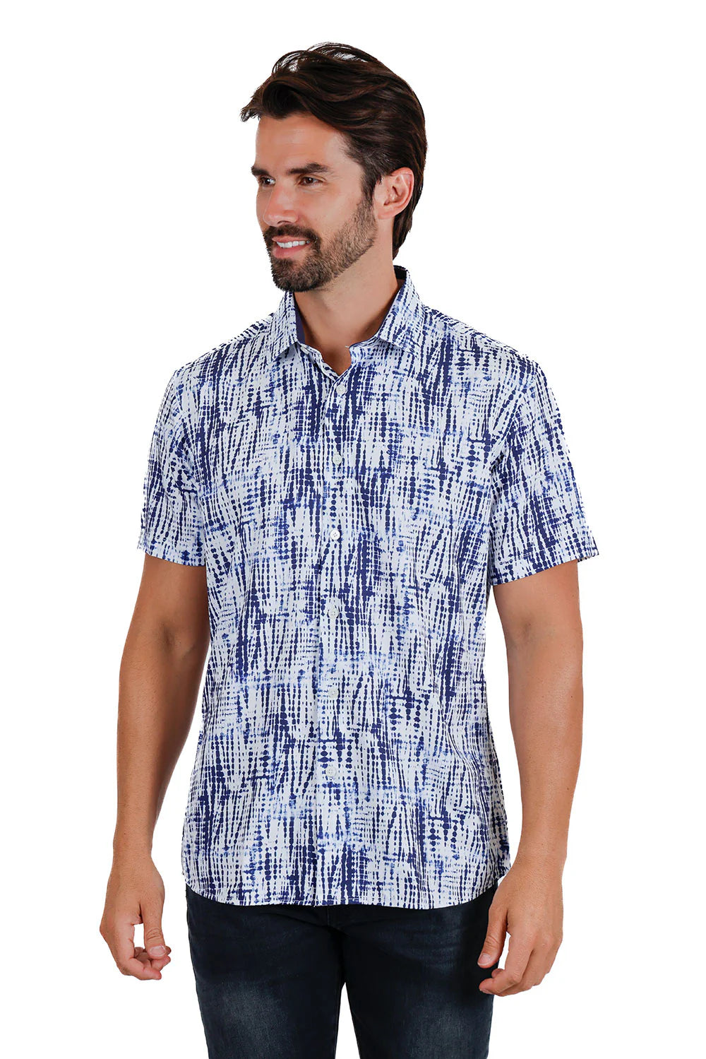 White & Navy Print Short Sleeve Shirt