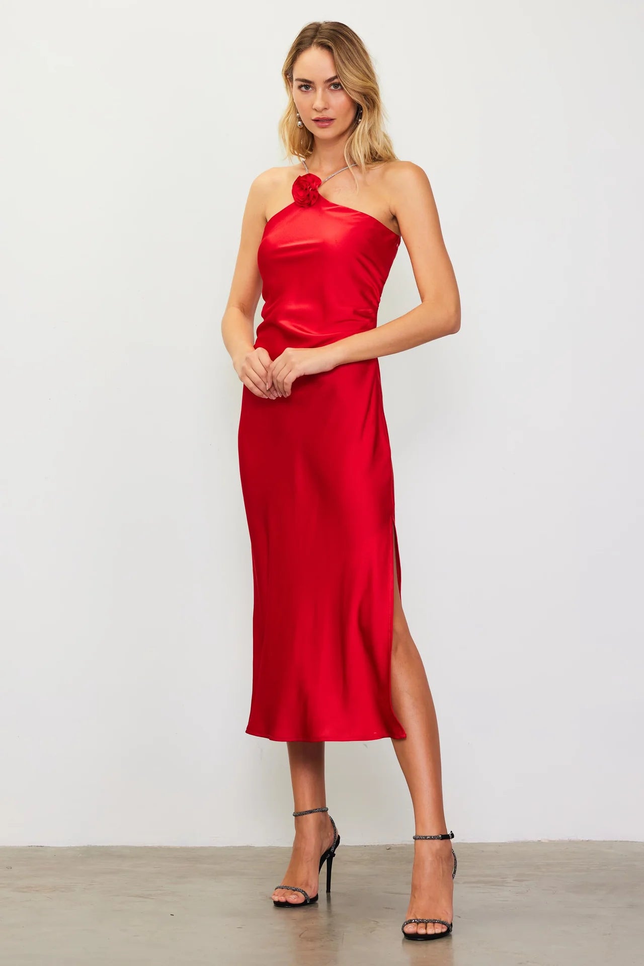 Detachable Rosette Metallic Strap Midi Dress