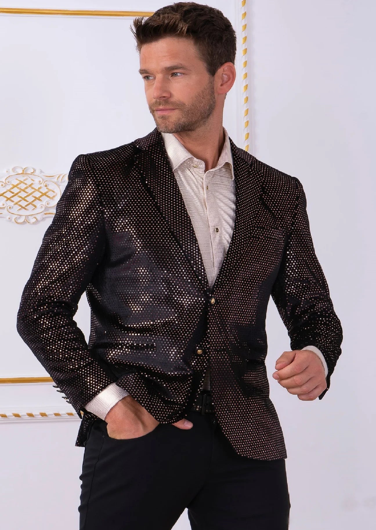 Black And Rose Gold Brown Metallic Polkadot Velvet Blazer