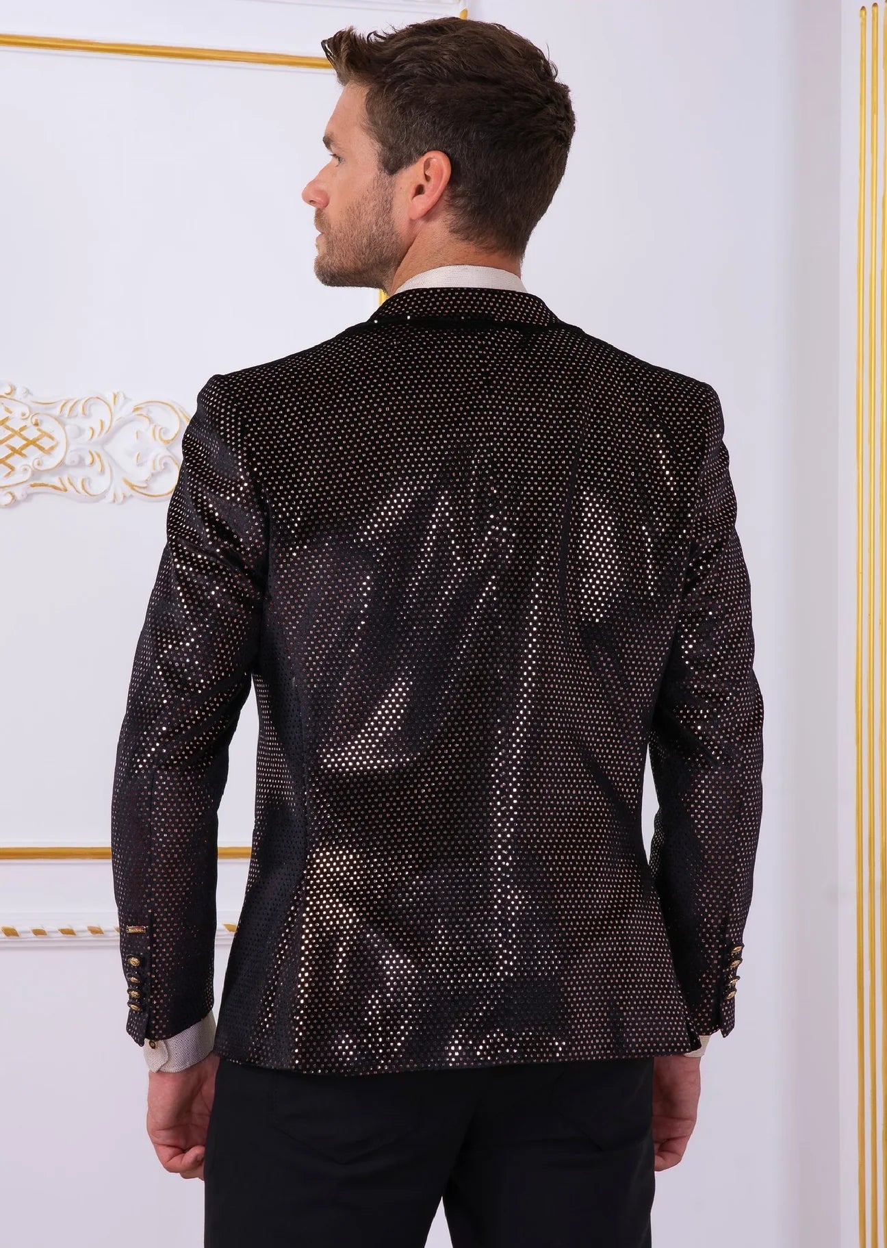 Black And Rose Gold Brown Metallic Polkadot Velvet Blazer