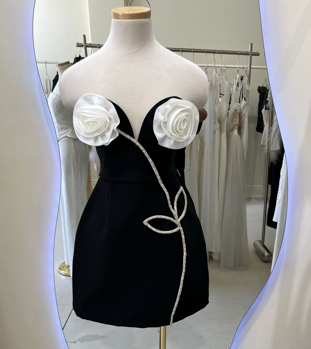 BLACK  MINI  DRESS WITH TWO LARGE SATIN ROSETTES