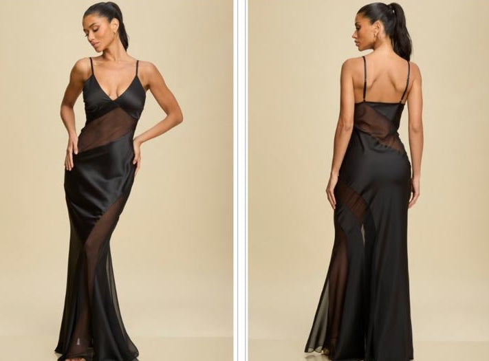 BLACK SATIN SHEER MMESH PANELS GOWN