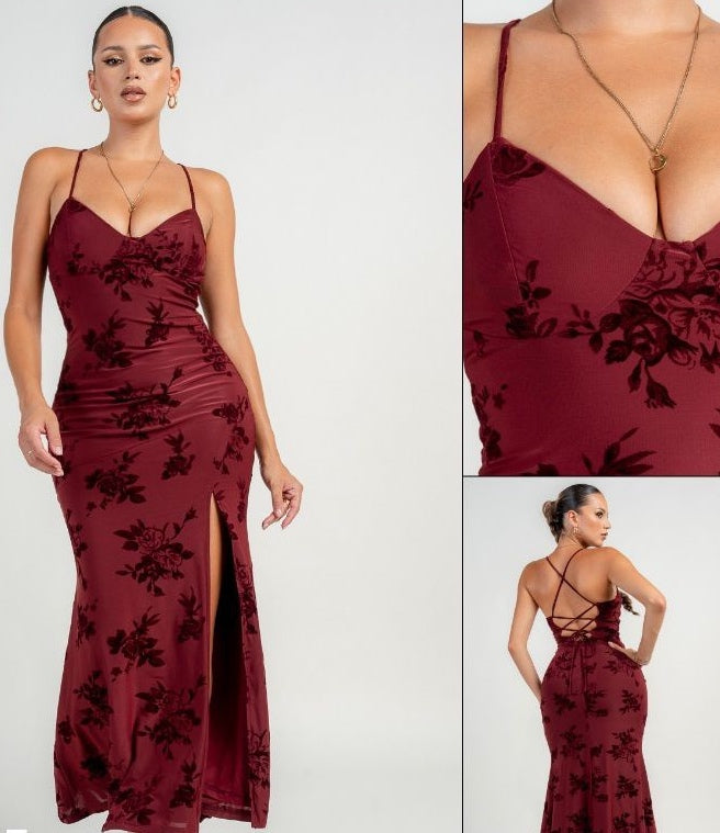 BUSTIER STRAP BACELACE UPFRONT SLIT MAXI DRESS