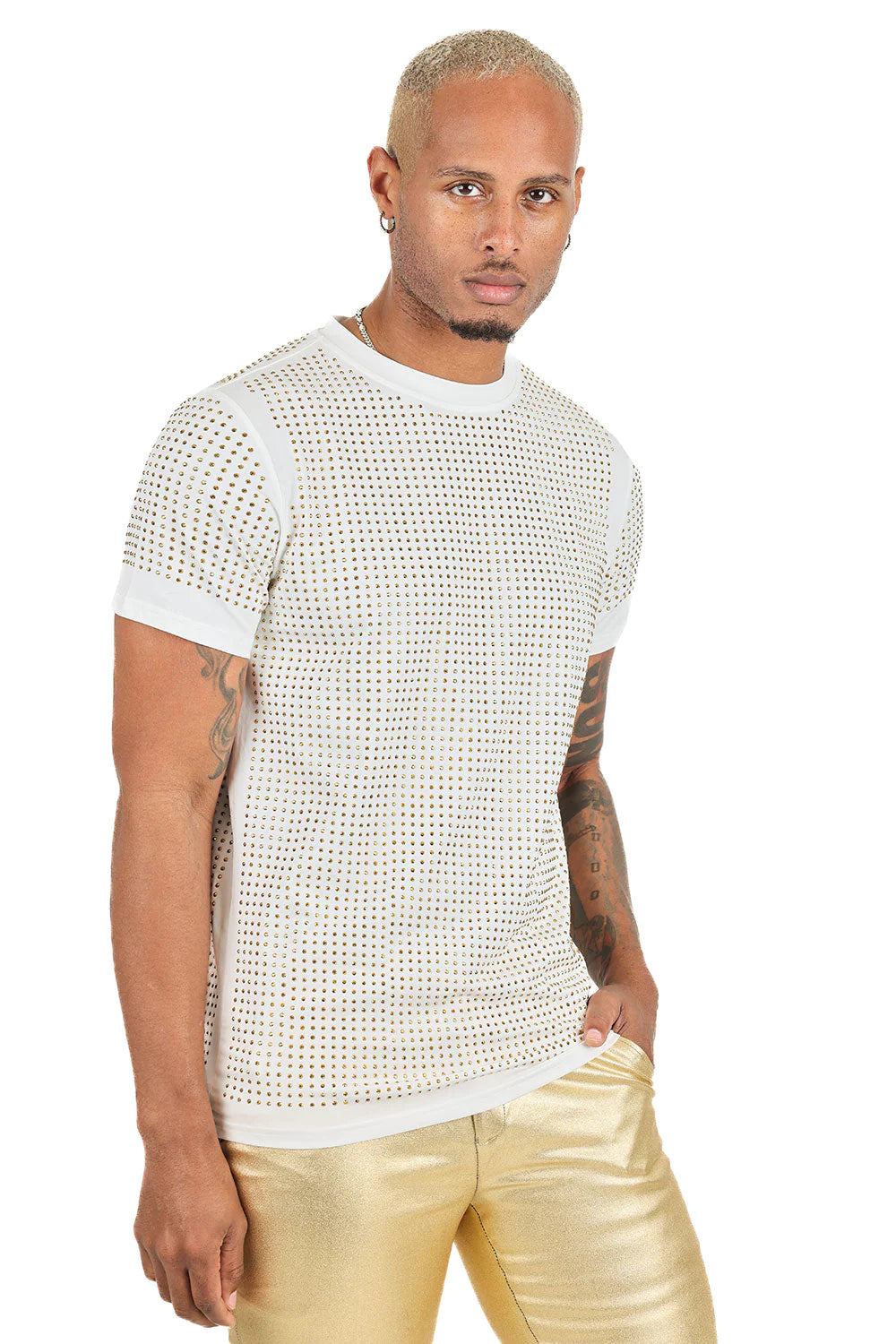 Full  Silver Rhinestone white Crew Neck T-Shirt