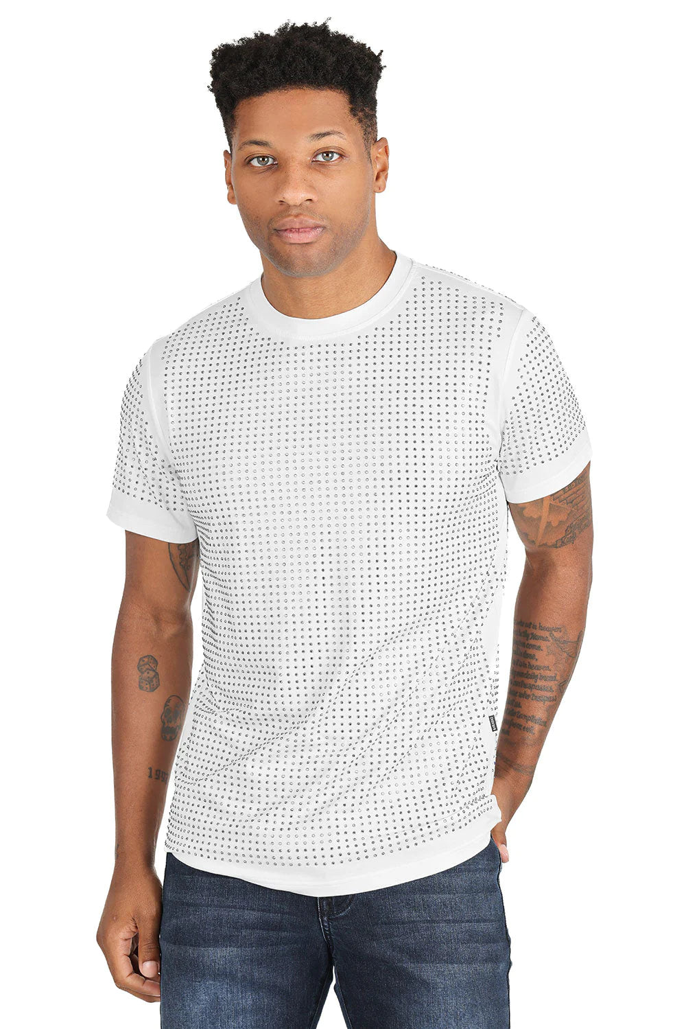 Full  Silver Rhinestone white Crew Neck T-Shirt