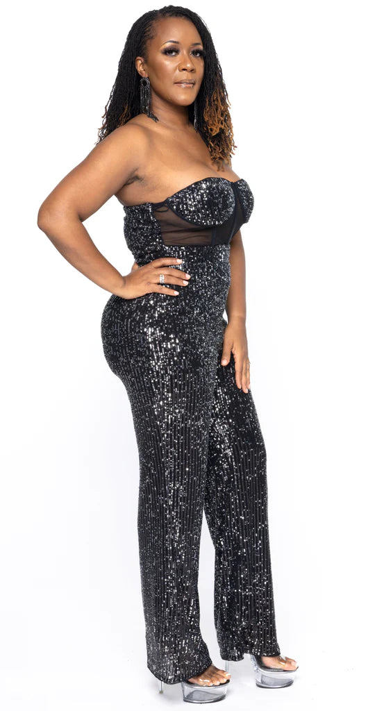 SHINNY  SEQUIN JUMPSUIT BLACK/SILVER