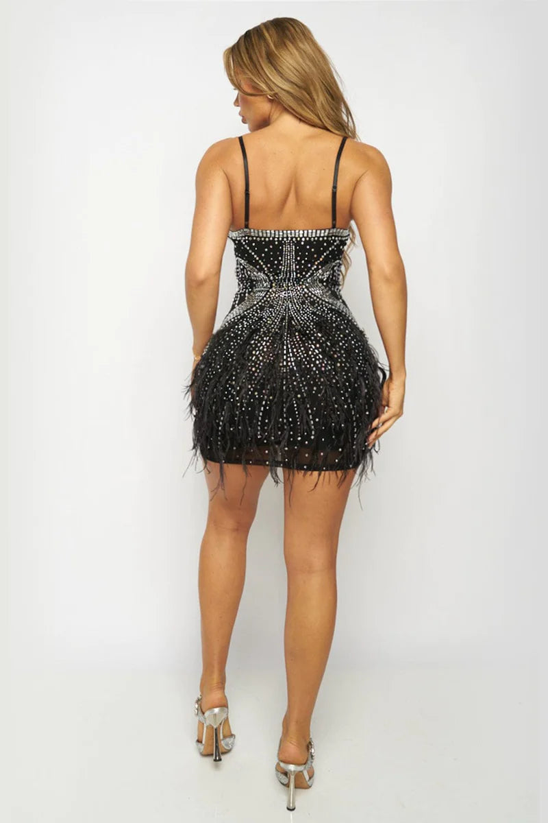 Rhinestone beaded feather mini dress