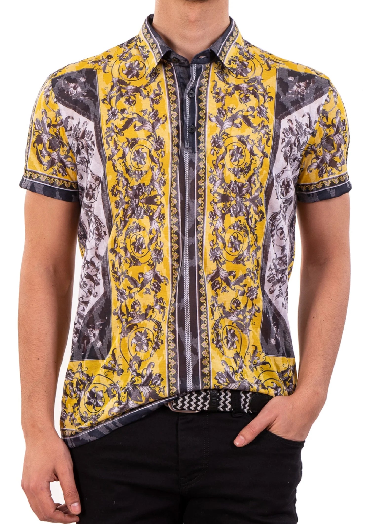 YELLOW FLORAL PRINT SHIRT SHORT SLEEVE