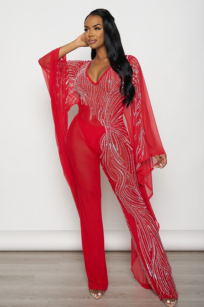 Rhinestone Wide Batwing Long Sleeve Jumpsuit