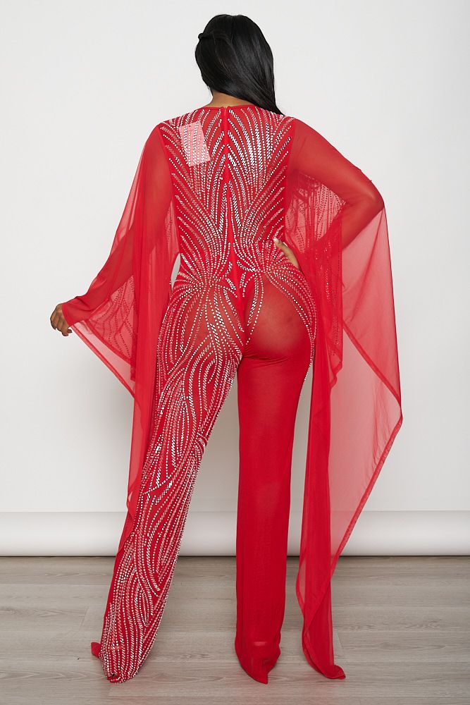 Rhinestone Wide Batwing Long Sleeve Jumpsuit