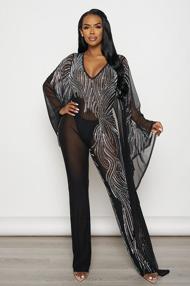 Rhinestone Wide Batwing Long Sleeve Jumpsuit