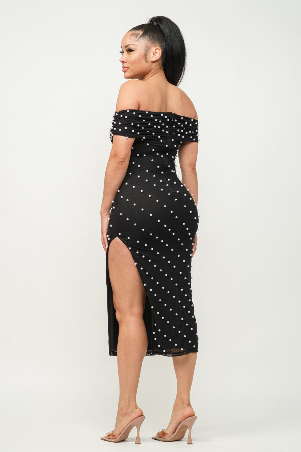 Off The Shoulder Short Sleeve Pearl Midi Dress