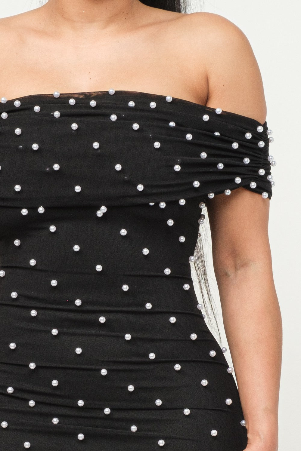 Off The Shoulder Short Sleeve Pearl Midi Dress