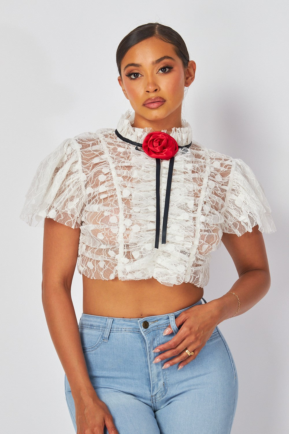 Janelle Lace Rosette Detail Ruched Crop Top