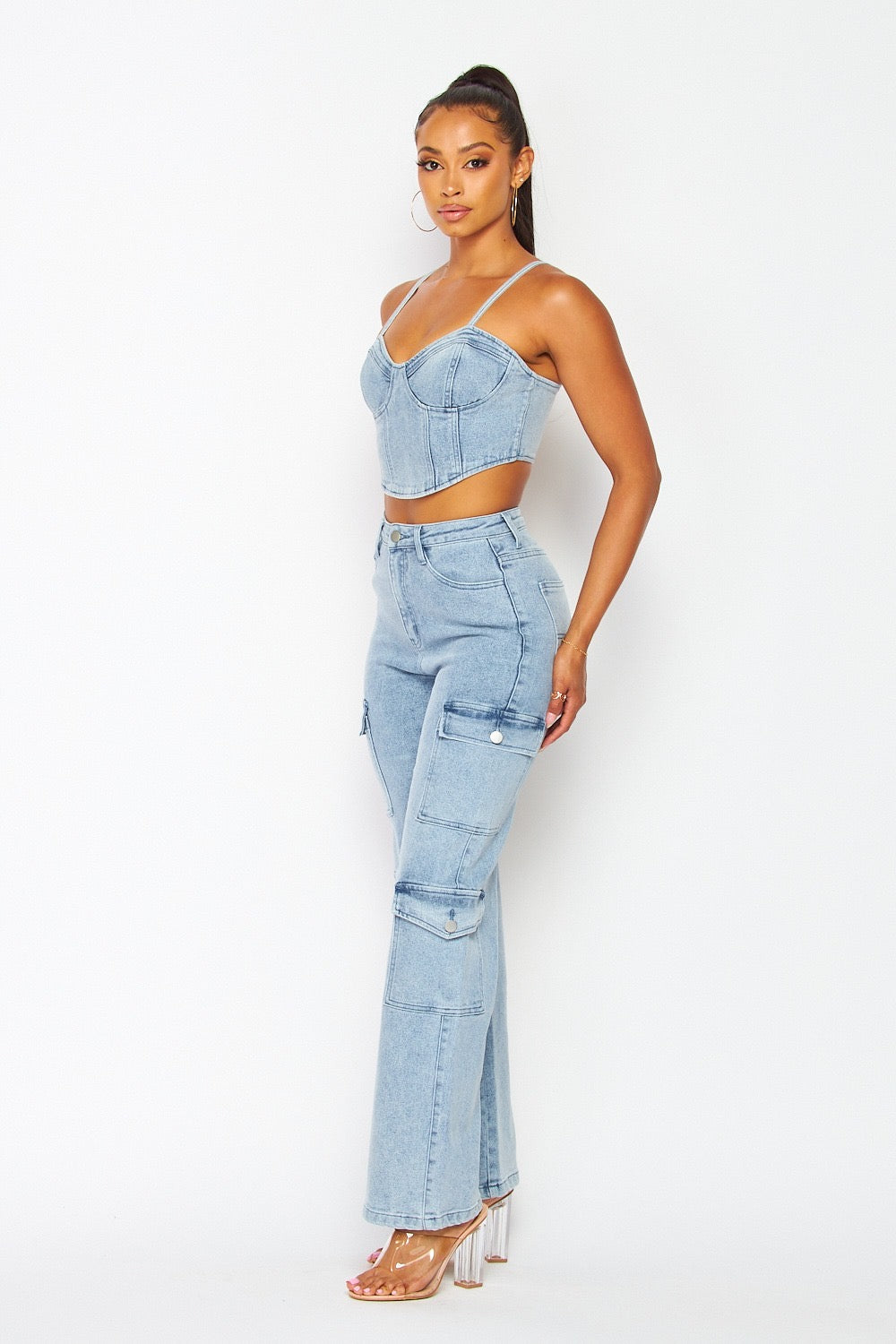 DENIM BUSTIER AND PANTS SET