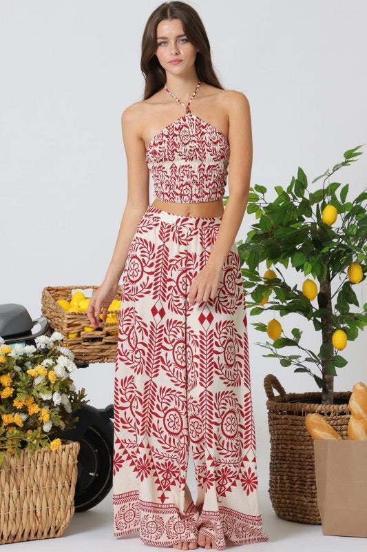 HALTER ELATIC SMOCKED TOP AND FLOWY PANTS