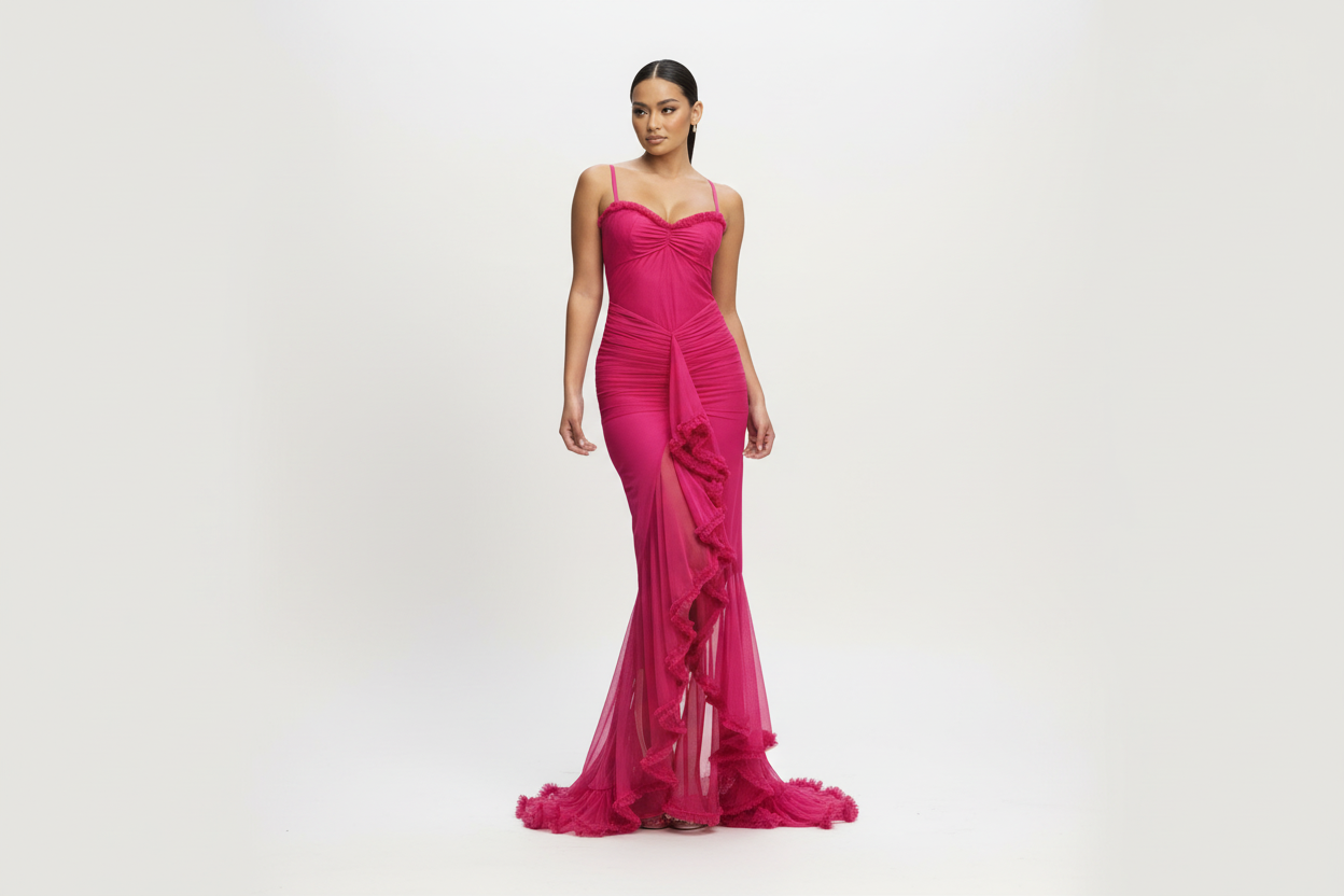 shirred mesh maxi dress SHIRRED MESH RUFFLE MAXI DRESS