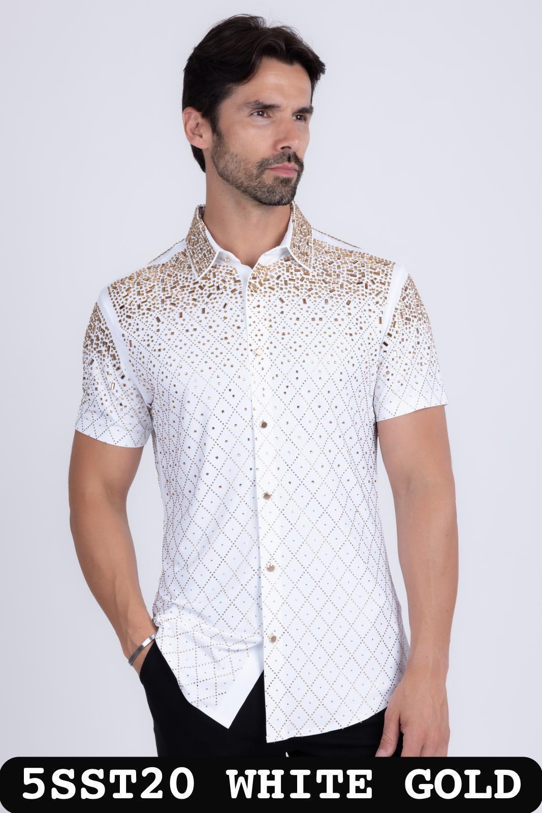 SHORT SLEEVES BUTTON UP WITH STUDS AND RHINESTONES EDGE SHORT SLEEVES BUTTON UP WITH STUDS AND RHINESTONES EDGE