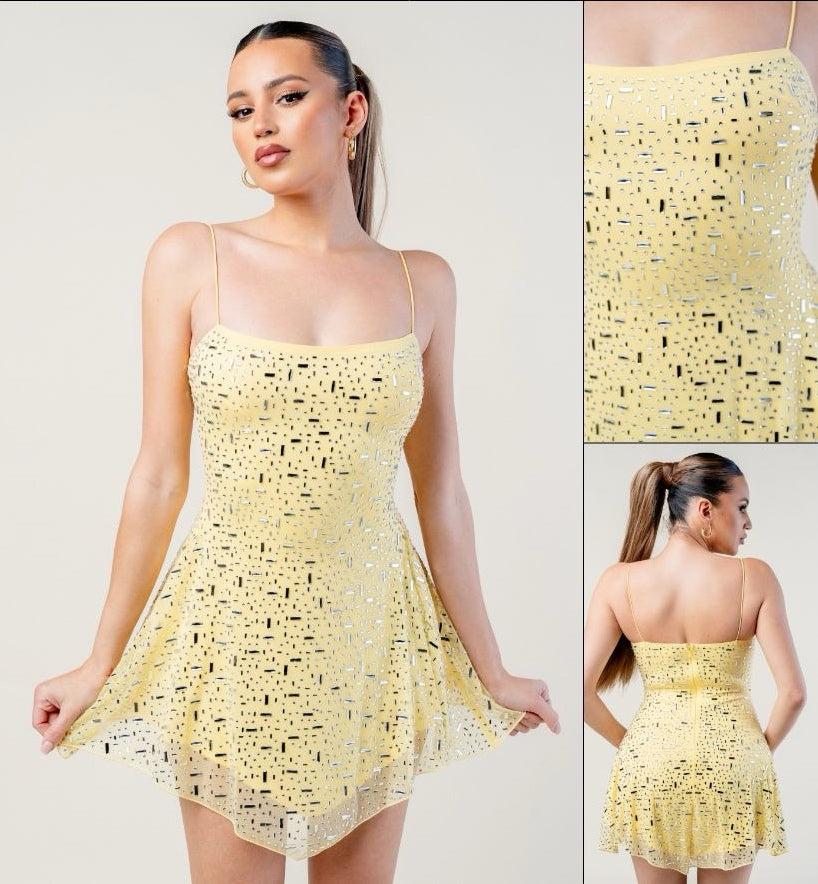 HOTFIX MESH WITH SQUAR STONES MINI DRESS