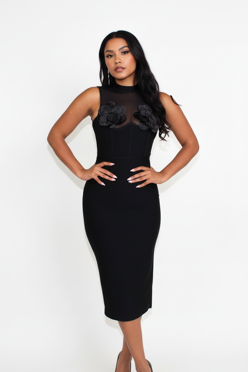 elegant and sophisticated black midi bodycon dress.