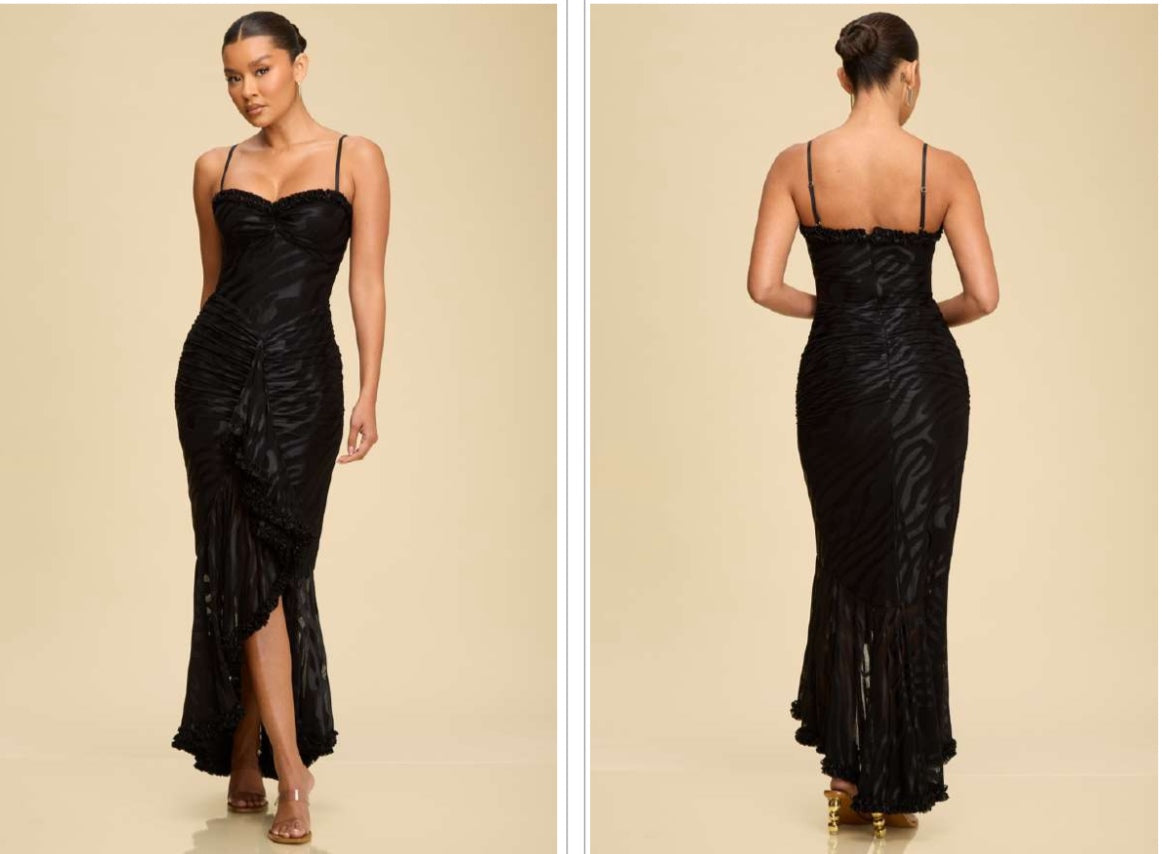 TEXTURED ANIMAL RUFFLE MAXI DRESS