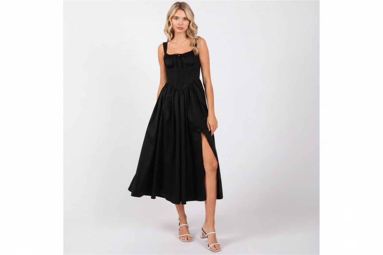 STRETCH POPLIN CORSET ALINE MAXISLIT DRESS