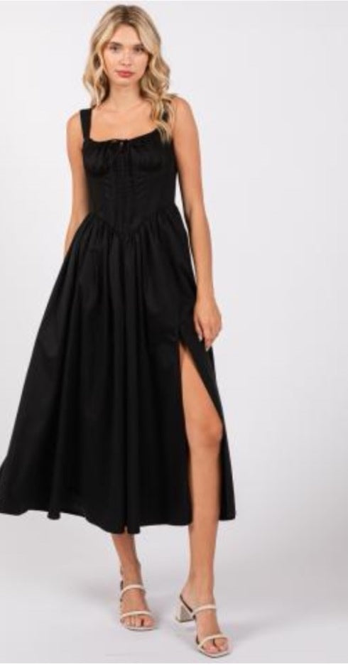 STRETCH POPLIN CORSET ALINE MAXISLIT DRESS