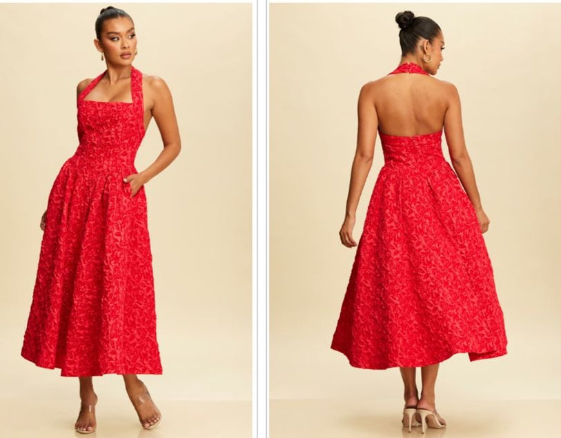 HALTER NECK RED MIDI DRESS