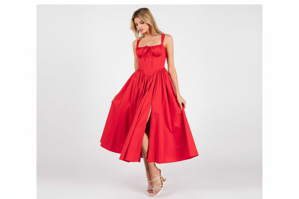 STRETCH POPLIN CORSET ALINE MAXISLIT DRESS