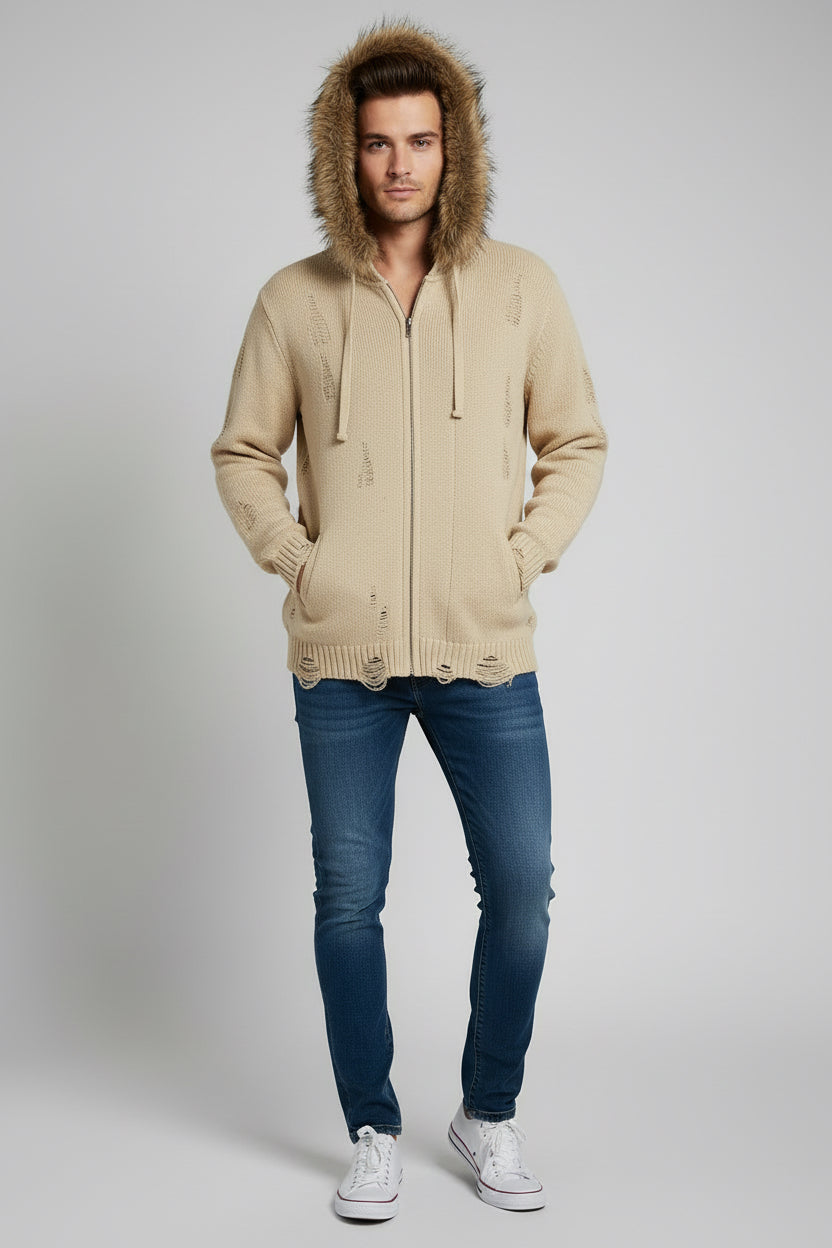 KNITTED ZIP UP SWEATER WITH FAUX FUR