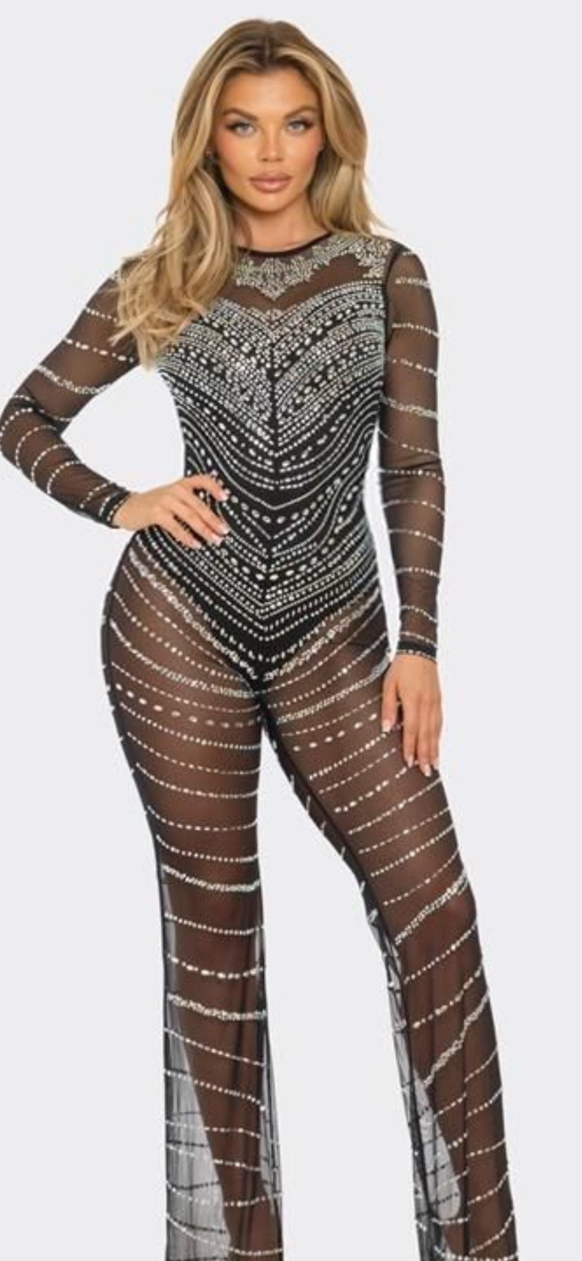 SHEER BLACK RHINESTONE JUMPSUIT – EDGE