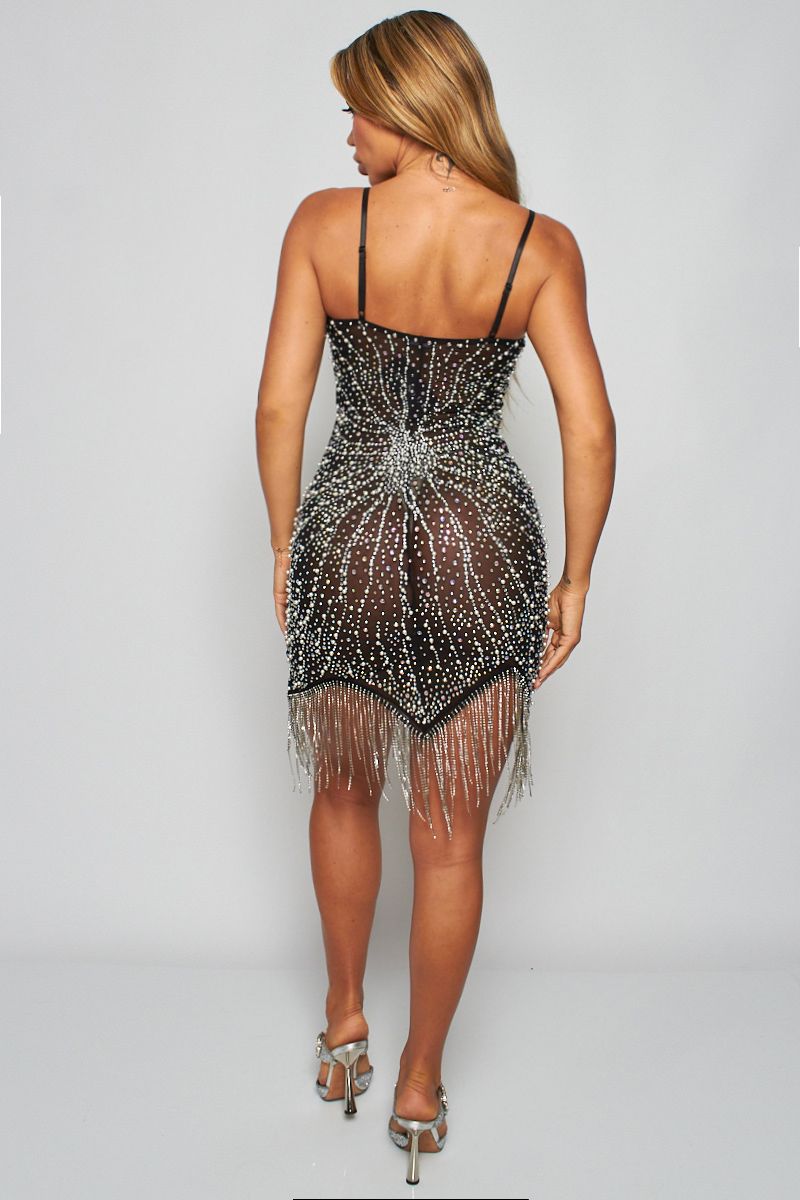 Rhinestone pearl Embellished Mesh Bodycon Dress