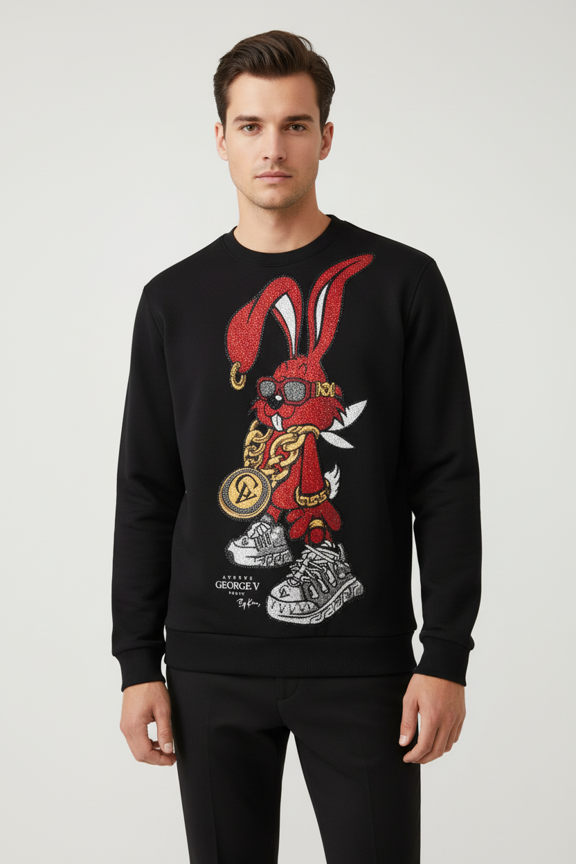 Male model wearing black bunny sweatshirt