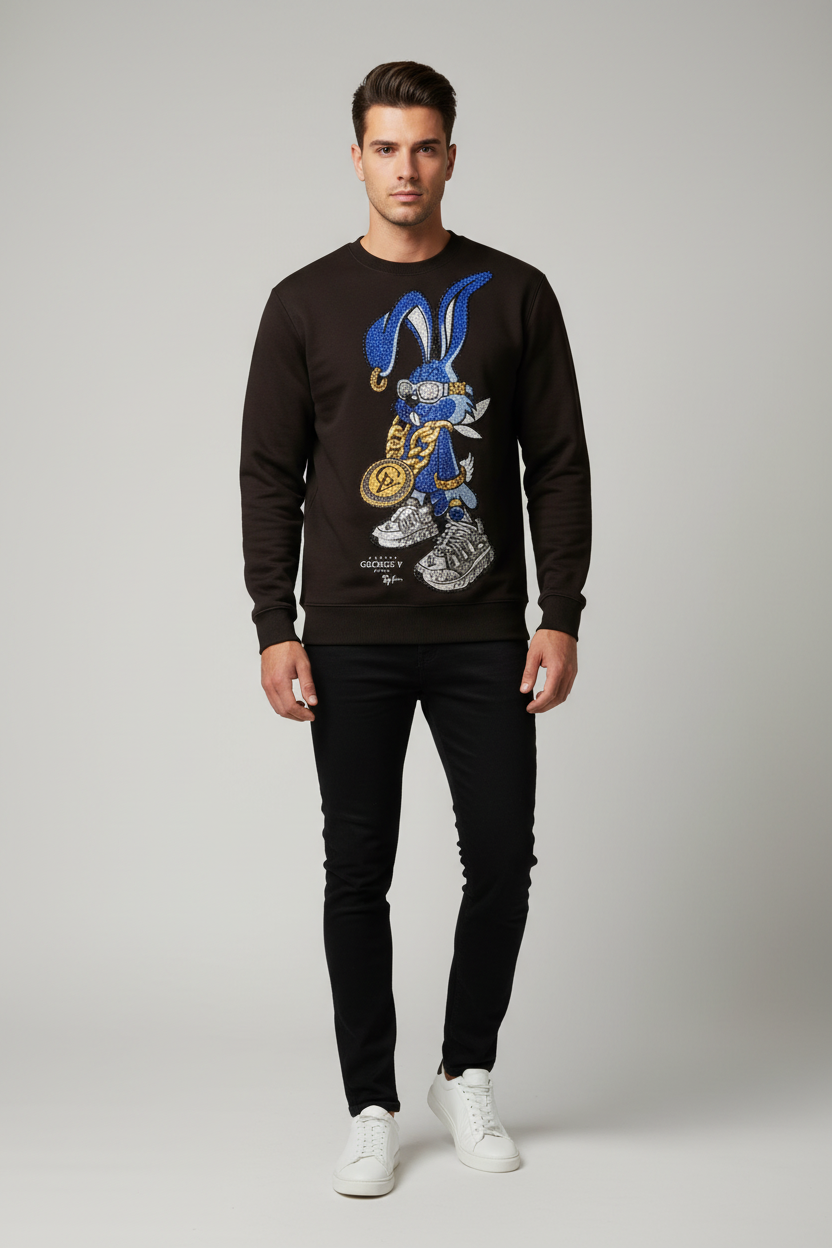 Male model wearing dark brown bunny sweatshirt