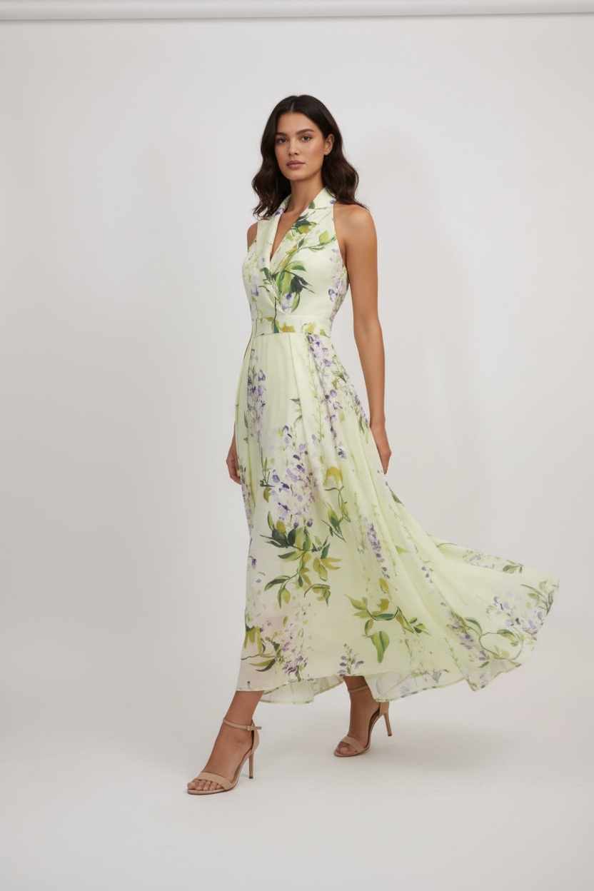 Model walking in floral dress