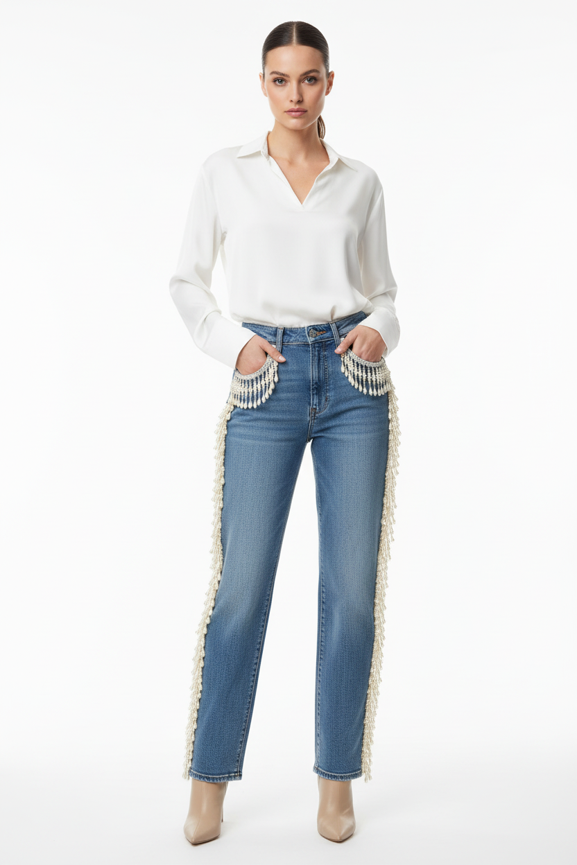 Pearl Fringe Jeans on Model