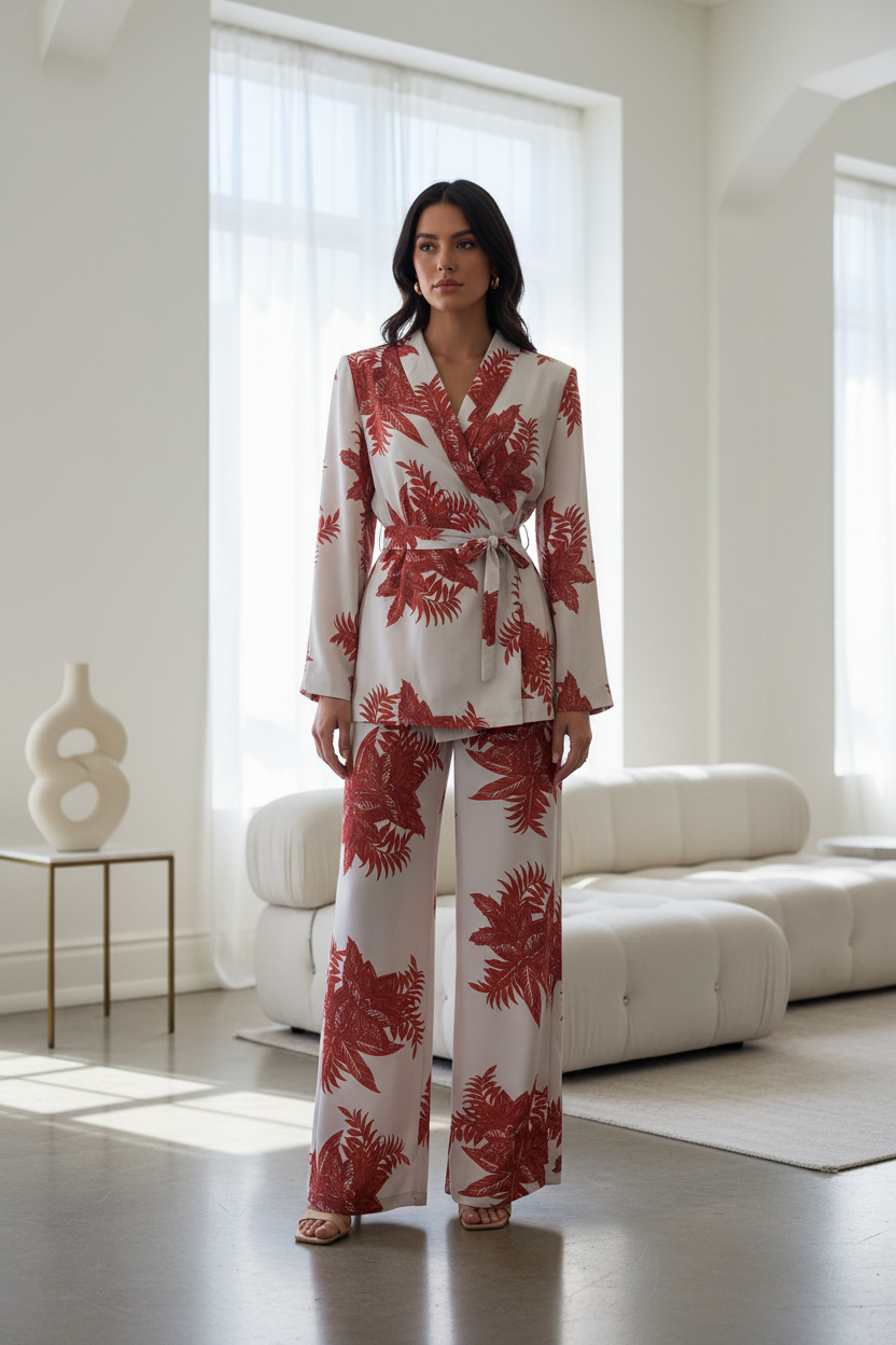 Red Tropical Leaf Print Set on Model